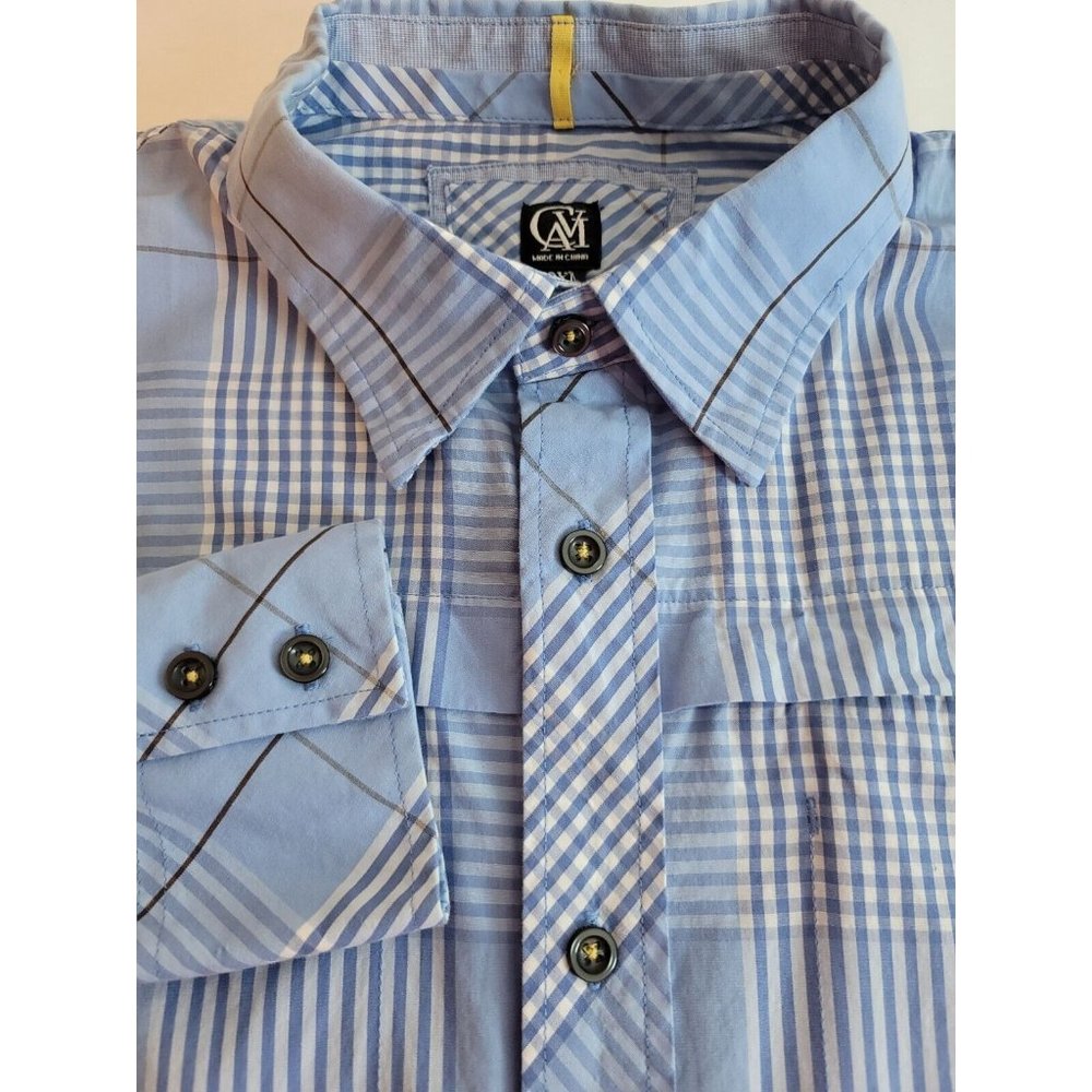 NWT CAVI Men's 2XL Blue Plaid Side & Front Pockets Button Long Sleeves Shirt